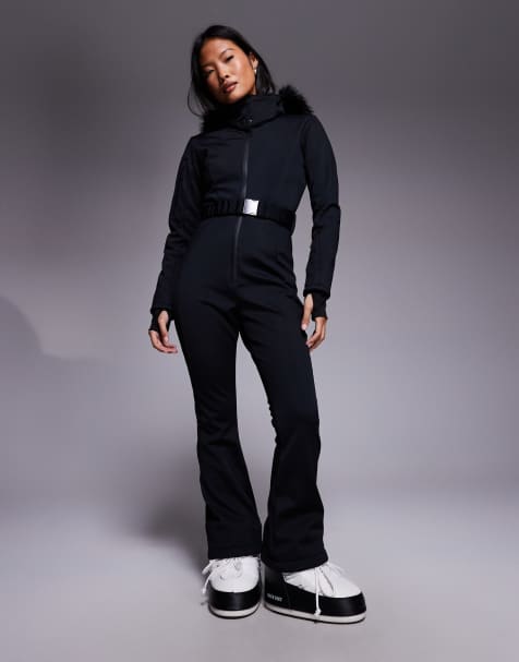 ASOS 4505 Ski Petite - Tuta da sci nera slim a zampa in softshell con cintura e cappuccio in pelliccia sintetica - view 1