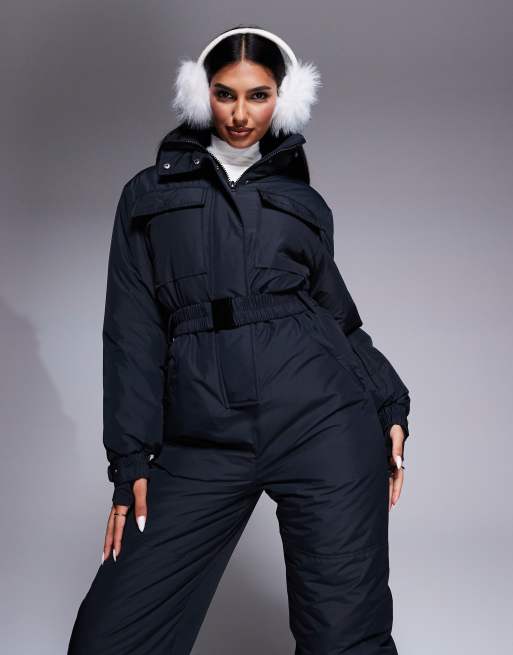 ASOS 4505 Ski retro belted ski suit with funnel neck in black