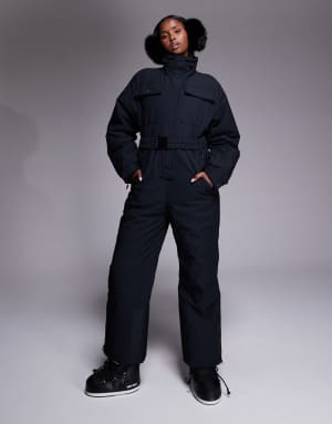 ASOS 4505 Ski retro belted ski suit with funnel neck in black