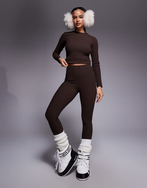 ASOS 4505 Ski ribbed fleece back base layer leggings with thermal treatment in coffee - view 1