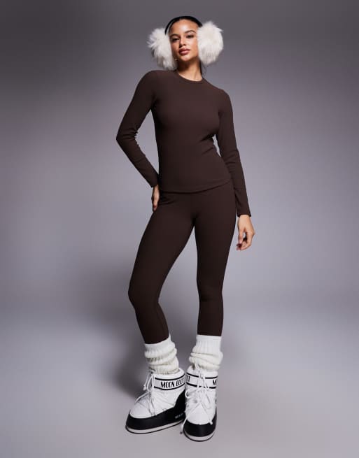 ASOS 4505 Ski ribbed fleece back base layer long sleeve with thermal treatment in coffee, 2 of 4
