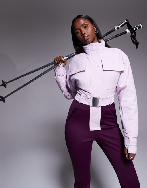 ASOS 4505 Ski – Rosa och plommonfärgad skidoverall med utsvängd design, ståkrage, skärp och blockfärgat mönster, 4 av 4