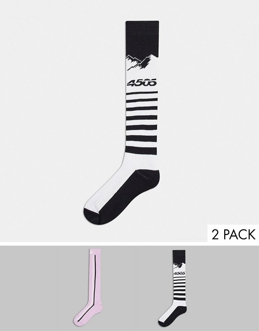 ASOS 4505 ski socks 2 pack in white mountain knit and purple stripe