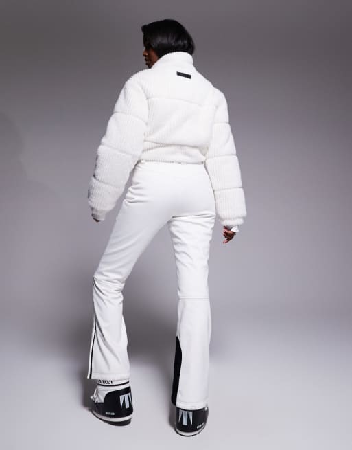 ASOS 4505 Ski soft shell and faux fur belted slim kick ski suit in white, 2 of 4