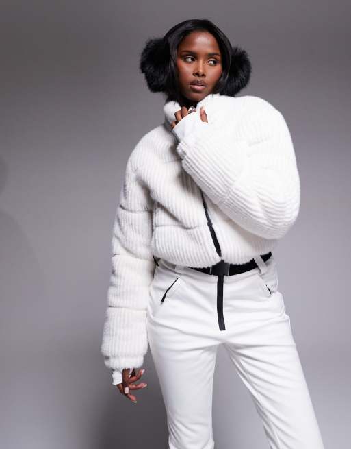 ASOS 4505 Ski soft shell and faux fur belted slim kick ski suit in white, 4 of 4