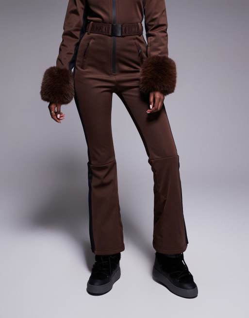 ASOS 4505 Ski soft shell belted ski suit with side stripes and faux fur trim in coffee