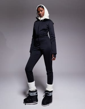 ASOS 4505 Ski soft shell belted ski suit with skinny leg and faux fur hood in black