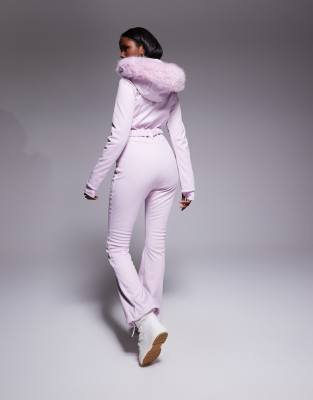 Asos 4505 Ski & Snow Asos 4505 Ski Soft Shell Belted Ski Suit With Slim Kick Leg And Faux Fur Hood In Pink
