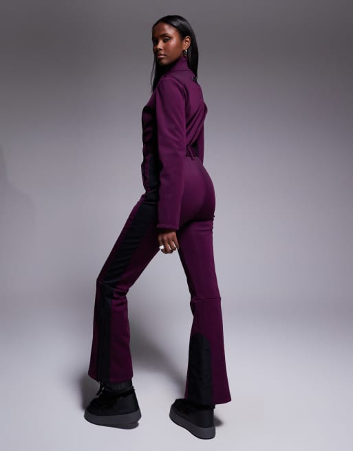 ASOS 4505 Ski soft shell retro side stripe belted ski suit in plum and black