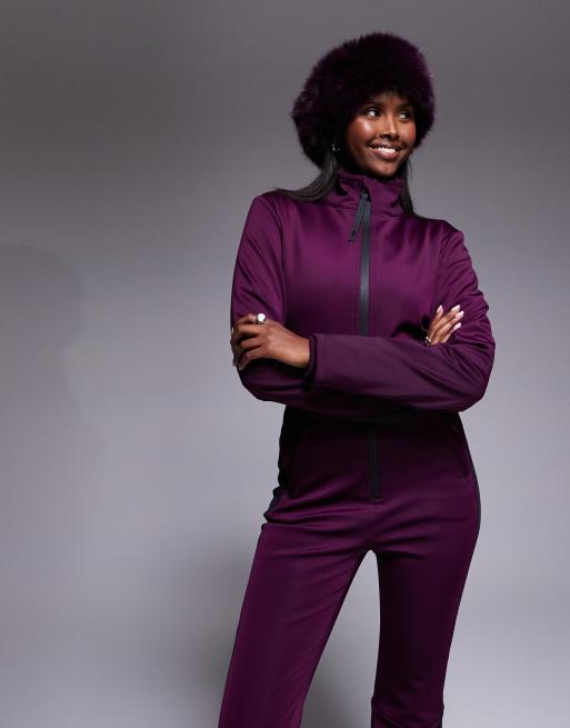 ASOS 4505 Ski soft shell retro side stripe belted ski suit in plum and black