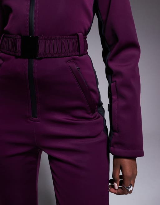 ASOS 4505 Ski soft shell retro side stripe belted ski suit in plum and black