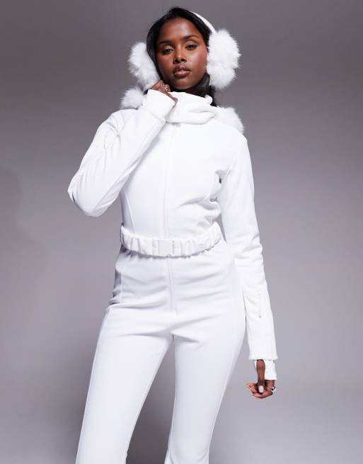 ASOS 4505 - Ski - Softshell-skipak met ceintuur, smalle pasvorm, lichte uitlopende pijpen en capuchon met imitatiebont, in wit, 3 van 4