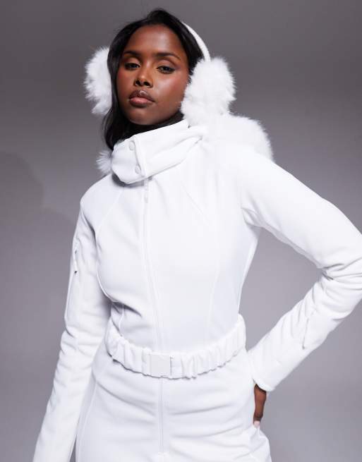 ASOS 4505 - Ski - Softshell-skipak met ceintuur, smalle pasvorm, lichte uitlopende pijpen en capuchon met imitatiebont, in wit, 4 van 4