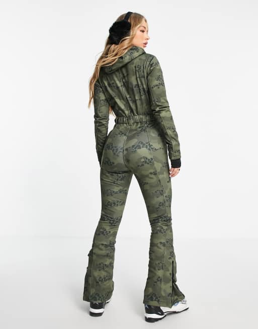 ASOS 4505 ski suit in camo animal with flare leg