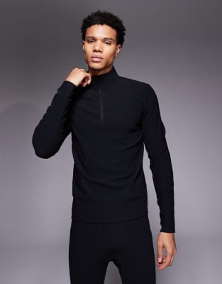 ASOS 4505 Ski - Thermisches, geripptes Baselayer-Oberteil aus schweißableitendem Material in Schwarz mit Fleece-Innenseite und kurzem Reißverschluss