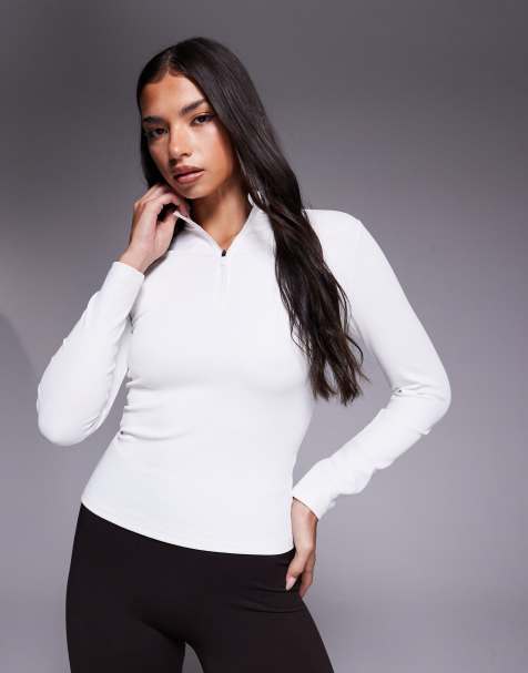 ASOS 4505 Ski - Top base layer a maniche lunghe bianco a coste con interno in pile con trattamento termico e zip corta - view 1