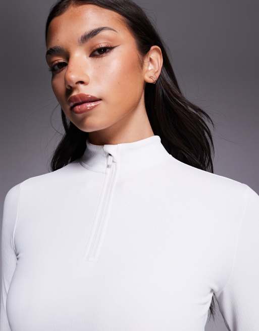 ASOS 4505 Ski - Top base layer a maniche lunghe bianco a coste con interno in pile con trattamento termico e zip corta, 3 di 4