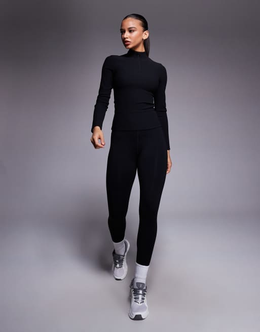 ASOS 4505 Ski - Top base layer a maniche lunghe nero a coste con interno in pile con trattamento termico e zip corta, 2 di 4