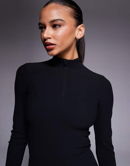 ASOS 4505 Ski - Top base layer a maniche lunghe nero a coste con interno in pile con trattamento termico e zip corta, 3 di 4