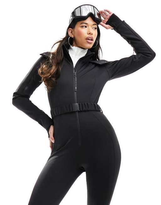 ASOS 4505 Ski Fitted Belted Ski Suit With Faux Fur Hood in Black