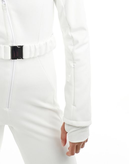 ASOS 4505 Ski water repellent belted ski suit with faux fur hood in white