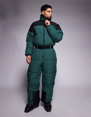 ASOS 4505 Ski water repellent insulated puffer ski suit in black and green-Multi