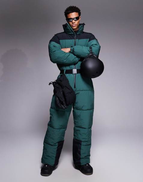 ASOS 4505 Ski water repellent insulated puffer ski suit in black and green - view 1