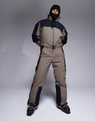 ASOS 4505 Ski water repellent straight fit belted ski suit in black & clay-Neutral