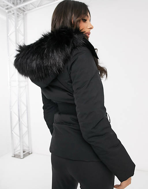 Damen Bekleidung Jacken Felljacken skijacke mit gürtel und kapuze mit kunstpelzbesatz in Schwarz ASOS 4505 Synthetik 