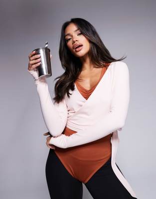 ASOS 4505 ASOS 4505 soft touch ballet wrap long sleeve top in pearl blush-Pink