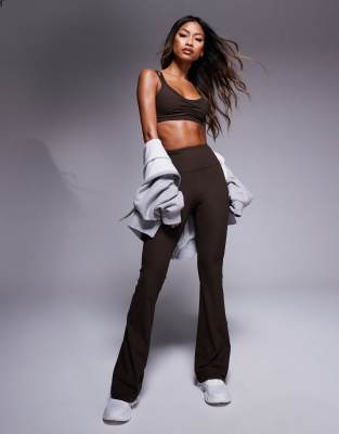 Asos Design 4505 Soft Touch Rib Slim Kick Yoga Legging In Truffle-brown