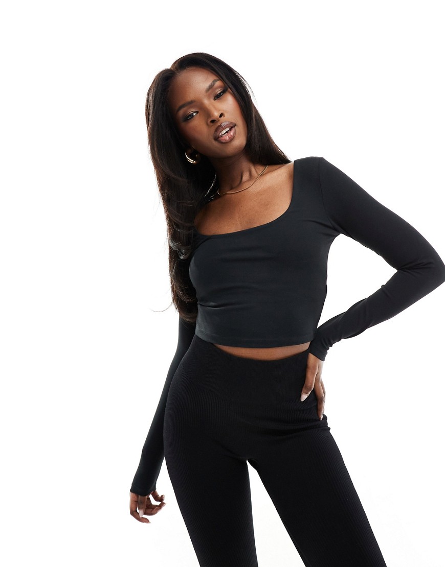 ASOS 4505 square neck long sleeve top with inner bra in soft touch fabric-Black