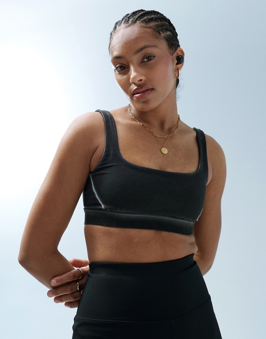 Asos Design 4505 Square Neck Washed Medium Support Sports Bra In Gray