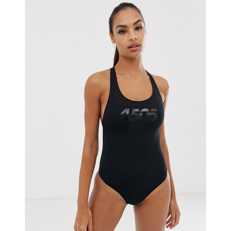 ASOS 4505 active swimsuit in gloss fabric with mesh detail in black