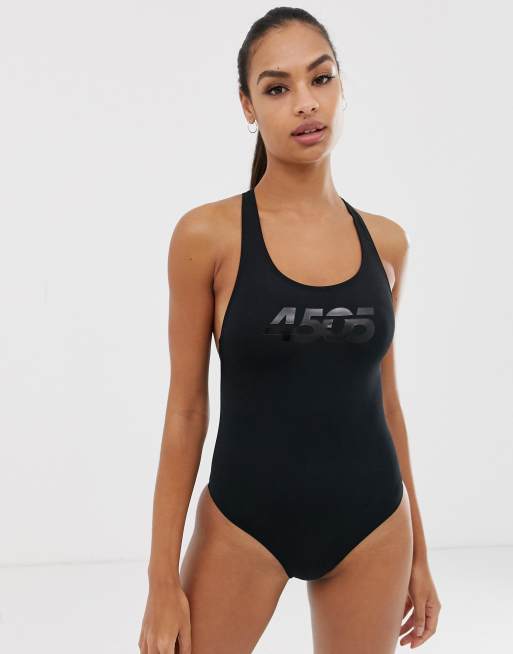 ASOS 4505 active swimsuit in gloss fabric with mesh detail in black