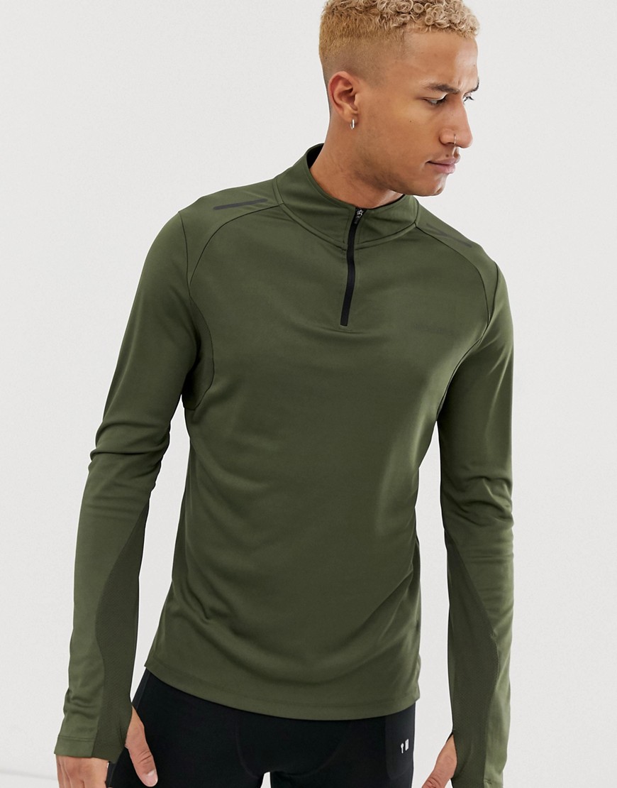 ASOS 4505 - T-shirt da running a maniche con fondo asimmetrico e zip a 1/4 sul collo-Verde