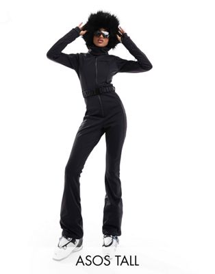 ASOS 4505 Tall - Combinaison de ski déperlante à ceinture avec capuche en fausse fourrure - Noir | ASOS