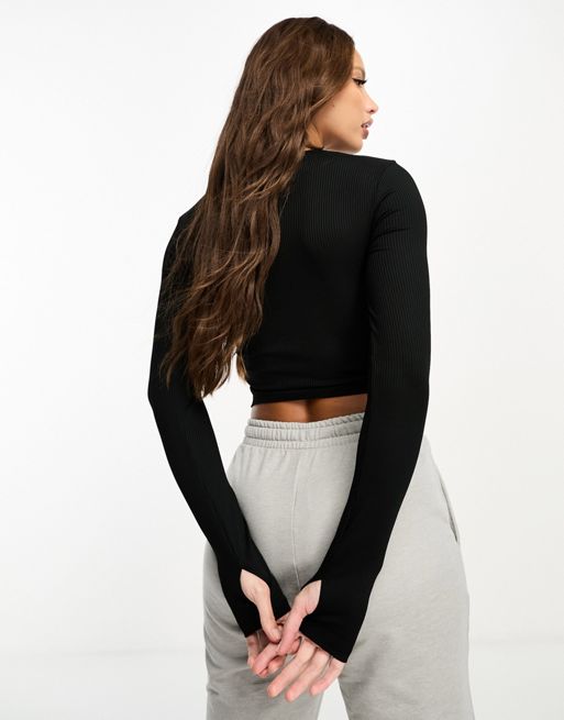 Asos Design 4505 Tall Long Sleeve Training Top In Rib With Ruche Detail In  Black - Part Of A Set