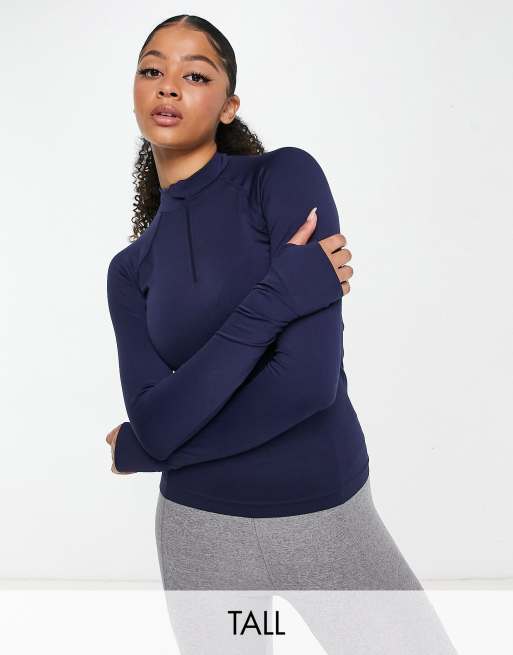 ASOS 4505 Tall – Nahtloses, langärmliges Oberteil in Marineblau mit kurzem 1/4-Reißverschluss
