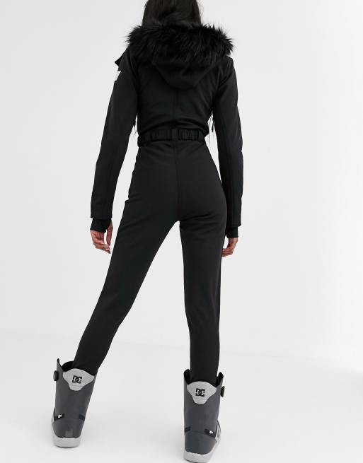 ASOS 4505 Ski Fitted Belted Ski Suit With Faux Fur Hood in Black