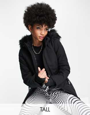 ASOS 4505 Tall ski belted jacket with faux fur hood-Black