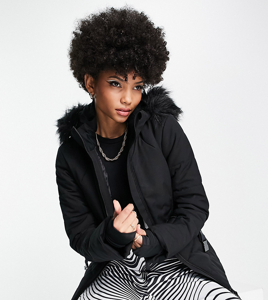 ASOS 4505 Tall ski belted jacket with faux fur hood-Black
