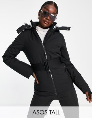 ASOS 4505 Tall ski belted jacket with faux fur hoodBlack