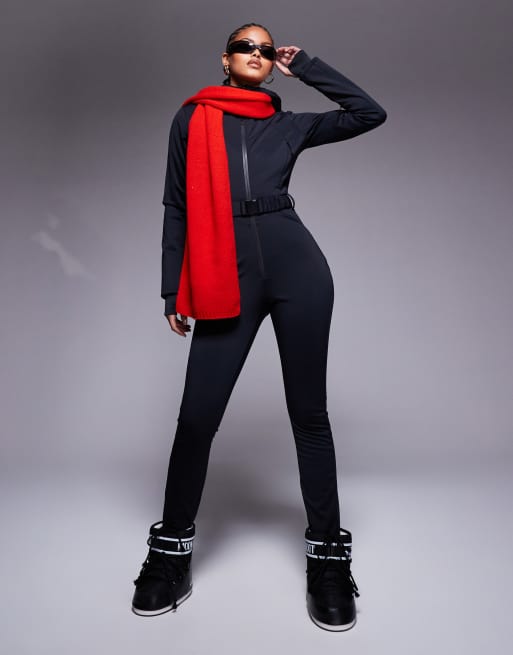 ASOS 4505 Tall Ski belted ski suit with skinny leg and hood in black