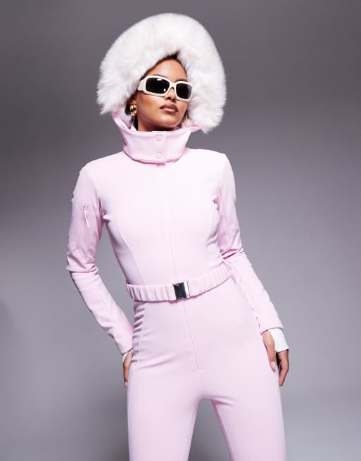 ASOS 4505 Tall Ski belted ski suit with slim kick leg and faux fur hood in pink