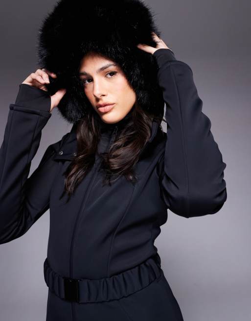 ASOS 4505 Tall Ski soft shell belted ski suit with slim kick leg and faux fur hood in black