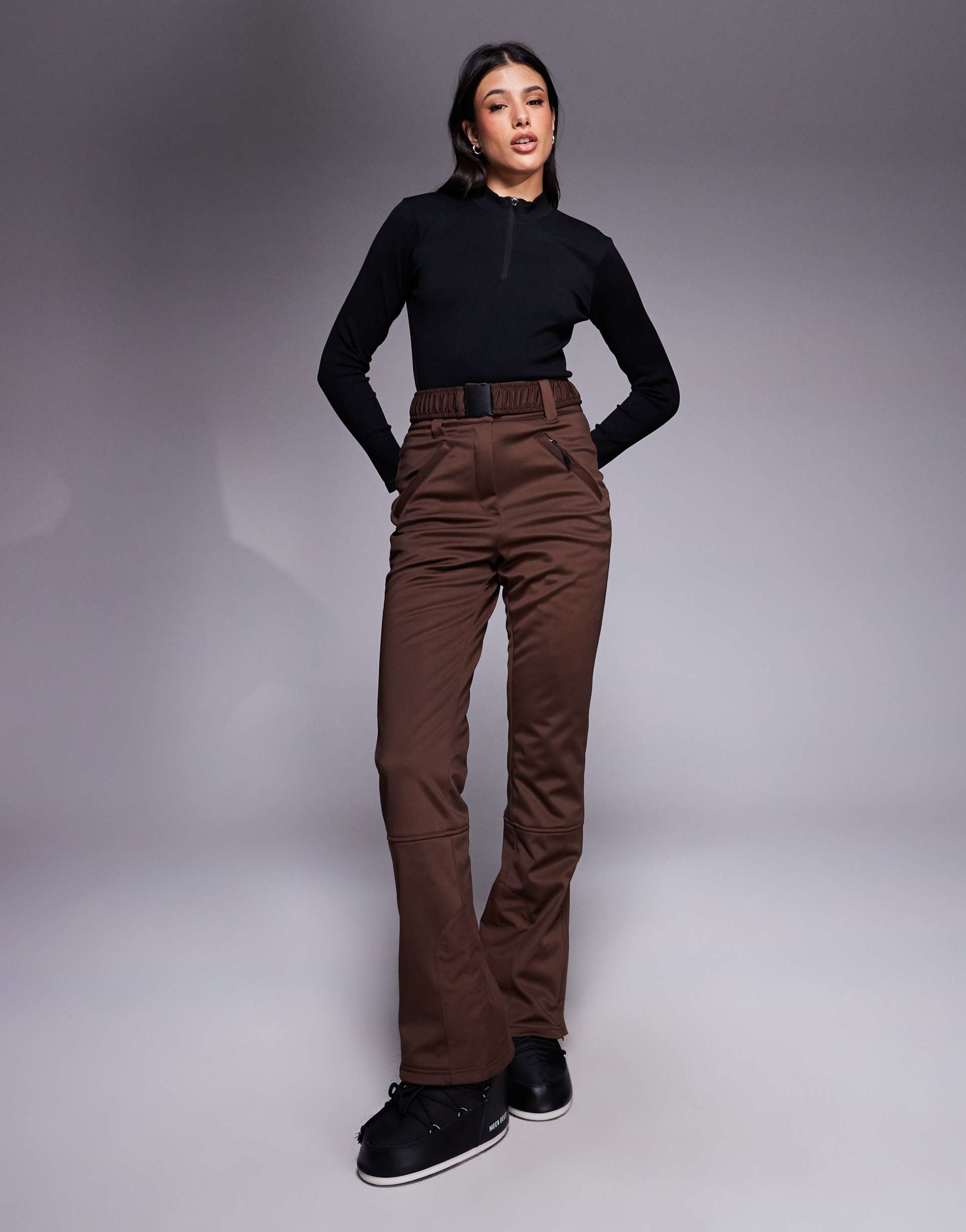 asos 4505 tall ski soft shell straight leg belted ski pants in coffee