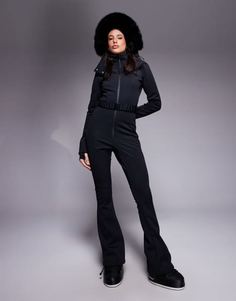ASOS 4505 Tall Ski – Svart skidoverall i mjukt skalmaterial med skärp, smal, utsvängd design och huva med fuskpäls - view 1