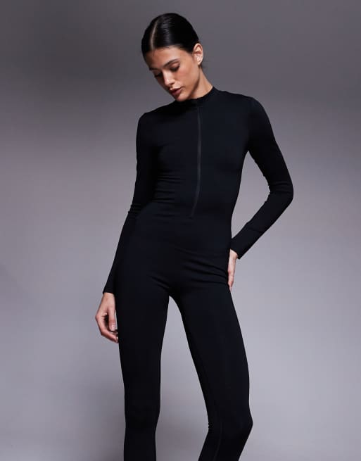 ASOS 4505 Tall Ski thermal fleece back base layer long sleeve unitard with sweat wicking in black, 4 of 4