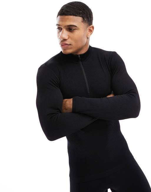 ASOS 4505 - Top base layer da sci a maniche lunghe senza cuciture a coste con zip corta 